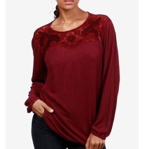 Lucky Brand Embroidered Jewel Neck Long Sleeve Top